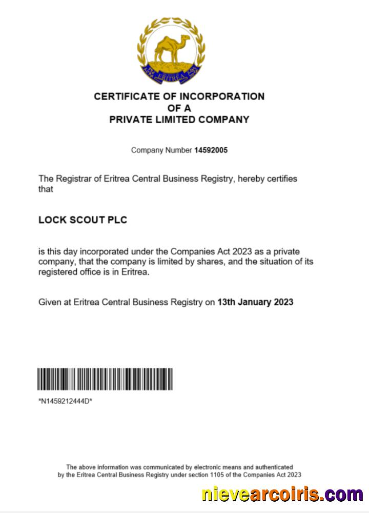 Eritrea certificate of registration